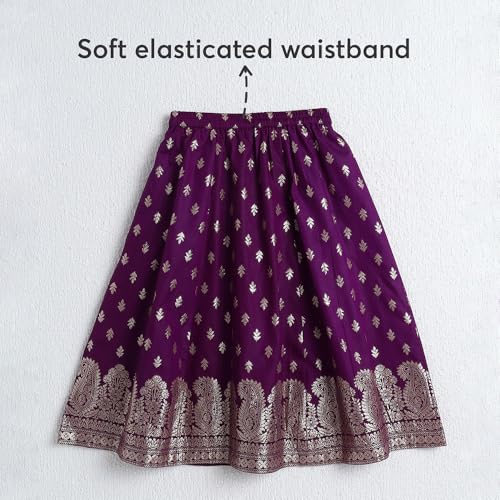 Hopscotch Girls Short Sleeves Purple 3-Pc Jacquard Lehenga Choli Set For Age (4-5 Years)