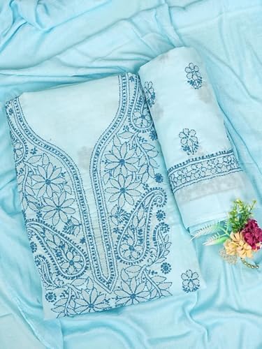 Ada Hand Embroidered Lucknowi Chikankari Unstitched Cotton Dress Material Suit Piece with Dupatta for Women 01A868001 Sky Blue