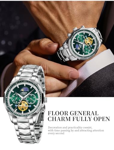 NIBOSI Chronograph Fly Wheel Watch For Men Analog Quartz Dress Diamond Business Stainless Steel Watches Date Luxury Men's Wristwatch|Birthday Gift For Men|Gift For Husband,Brother (Silver-Green)
