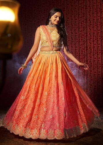 AG Clothing Women's Organza Semi Stitched Lehenga Choli With Dupatta | BAndhani Digital Print With Sequin Embroidery Pattern | Traditional, Wedding, Ethnic Wear Lehenga (AD-SV2-Orange)