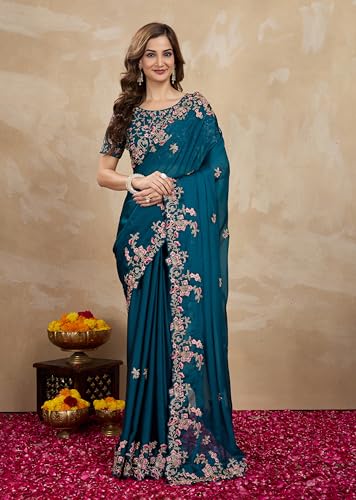 TRENDMALLS Women's Rangoli Silk Heavy Embroidred sarees for women (Morpeach)