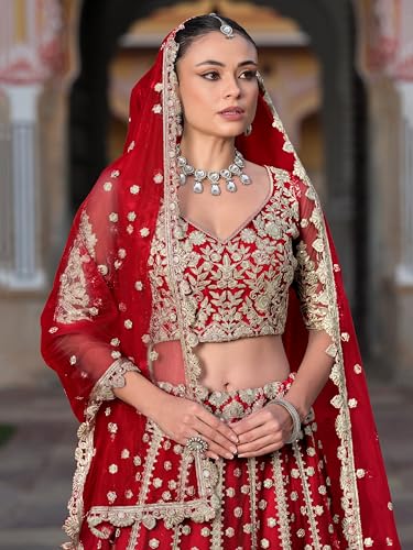 Zeel Clothing Women's Zari Sequins Embroidered Work Soft Net Lehenga Choli With Dupatta (6013-Women-Lehenga-Choli-Latest; Free size) (Yellow) (Red)