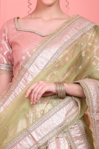Wishful Women's Pink Embroidered Jacquard Blouse, Flared Lehenga and Dupatta Set (Size: XL)-SP12575-314276