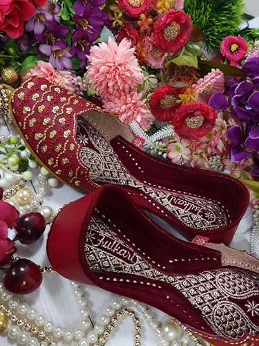 Fulkari Women Red SeaSand Gold Casual Genuine Soft Leather Jutis | Bite and Pinch Free Juttis | Punjabi Jutti | Girl's Office Flat Ladies Mojari | dailywear Ethnic Juti | 39