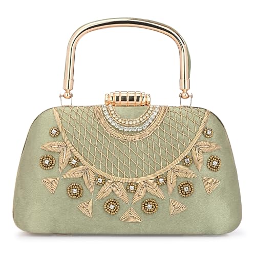 For The Beautiful You Embroidered Women's handle Clutch (Green)