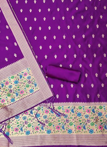 SHANTVAN GALLERY Pure Zari Banarasi Silk Suit Dress Material for Woman Premium Banarasi Dress Materials for Women Unstitched Soft Silk Top Bottom Dupatta Mor Jal Design, Purple