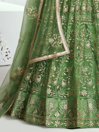 Zeel Clothing Women's Cotton Thread Sequins Work Embroidery Soft Net Readymade Lehenga Choli With Dupatta (Nfh-2205-Pista-Green-Women-Lehenga Choli Set Latest; Free Size)