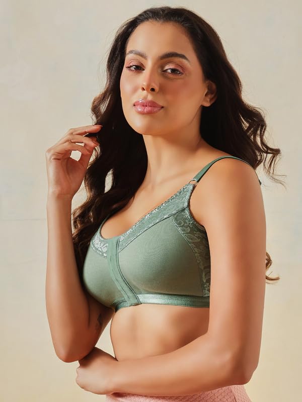 Clovia Women's Cotton Spacer Cup Non-Padded Non-Wire Full Figure Front Open Bra (BR2405P11_36D_Green)