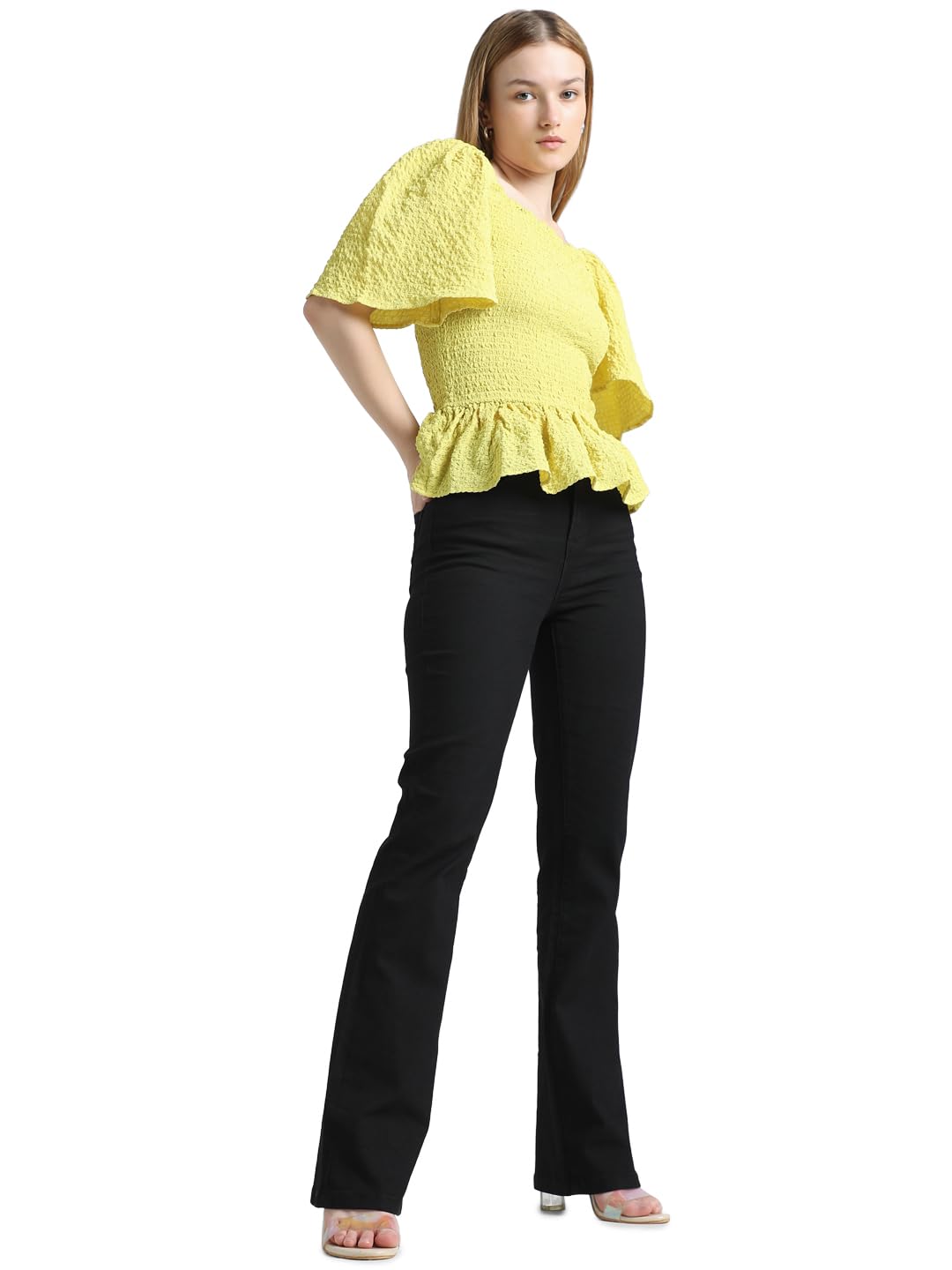 ONLY Women Solid Cotton Blend Flared Fit High Rise Black Jeans