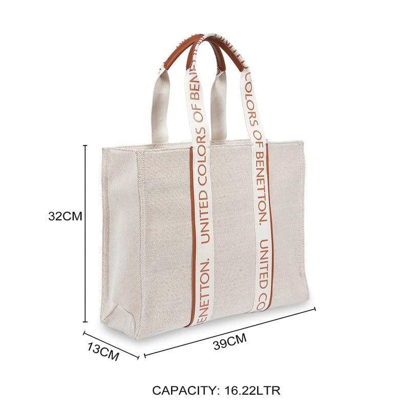 United Colors of Benetton Women's Giada Canvas Tote Bag - Off White & Tan | Spacious Everyday Tote with Zipper | Stylish Handbag for Women | Ideal for Gifting