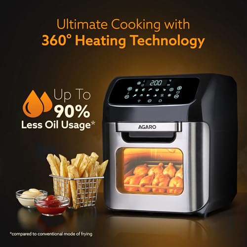 AGARO Regency Air Fryer For Home, 12L, Family Rotisserie Oven, 1800W, 9 Preset Menu, Electric Air Fryer Toaster Oven, Digital Display, Bake, Roast, Toast, Defrost, Silver.