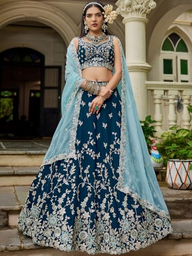 Zeel Clothing Women's Zari Sequins Embroidered Work Rangoli Silk Lehenga Choli With Dupatta (5139-Blue-Women-Lehenga-Choli; Free size)