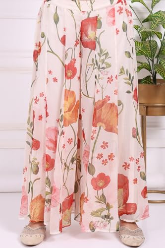 W for Woman White Floral Printed Crepe A-Line Kurta with Culotte and Dupatta Set - (WS13913-127594-M)