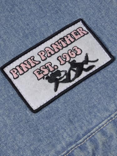 The Souled Store Official Pink Panther: Stay Pink Women and Girls Long Sleeves Collared Neck Button Front Embroidery Patch Blue Cotton Oversized Denim Jackets