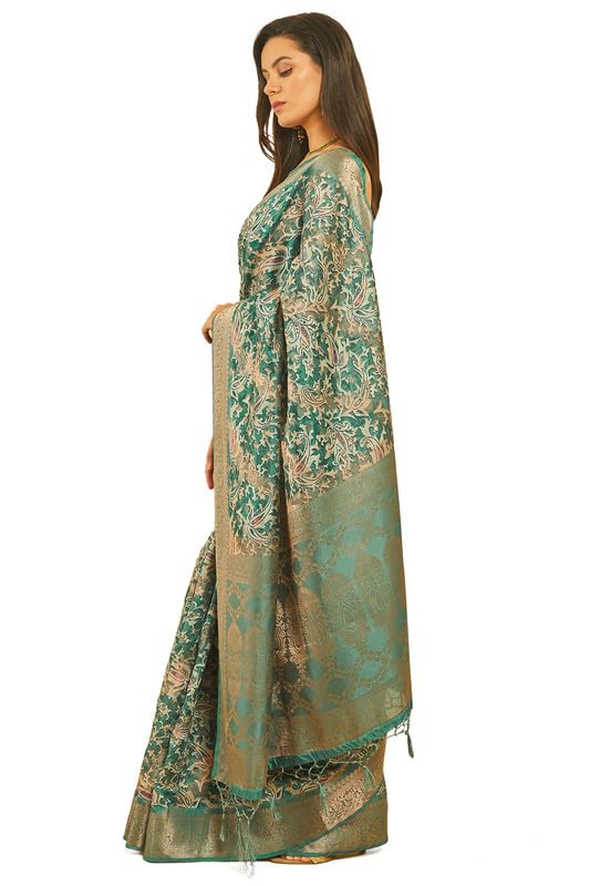 Soch Womens Teal Ethnic Print Chanderi Jacquard Weave Saree