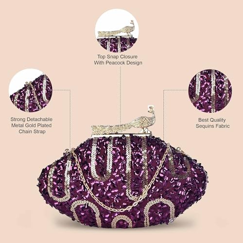 Artklim Wine Based Sequins Party/Wedding Clutch Bag For Women with Detachable Strap