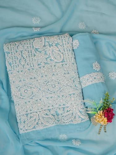 Ada Hand Embroidered Lucknowi Chikankari Unstitched Georgette Dress Material Suit Piece with Dupatta for Women 01A873538 Blue