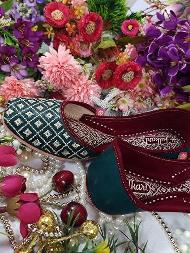 Fulkari Women Green Lotus Gold Casual Genuine Soft Leather Jutis | Bite and Pinch Free Juttis | Punjabi Jutti | Girl's Office Flat Ladies Mojari | dailywear Ethnic Juti | 37