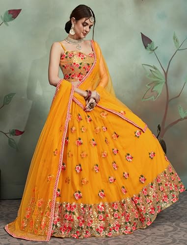 AG Clothing Women's Net Semi Stitched Lehenga Choli With Dupatta | Thread And Sequin Embroidery Pattern | Traditional, Wedding, Ethnic Wear Lehenga (AD-EUPHORIA-VOL2O-2901-Yellow)