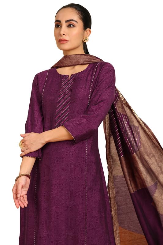 Soch Womens Wine Ethnic Print Notched Neck Muslin Blend Suit Set