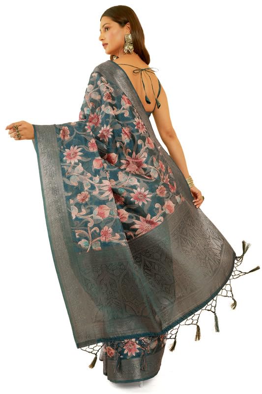 Soch Womens Teal Floral Print Jacquard Chanderi Saree