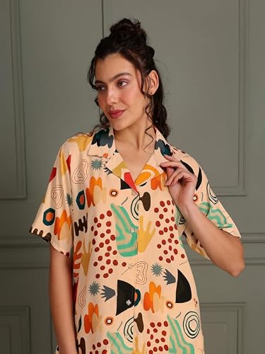 TITTLI Women Digital Printed Nightsuit | Shirt and Pyjama Co-Ord Set | Short Sleeve Sleepwear | Comfortable Nightwear with Pockets | Comfort in Travel | L | XL | XXL Cream
