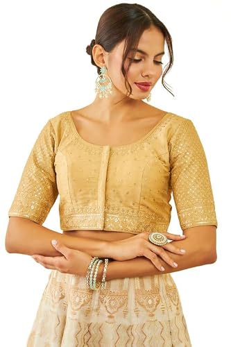 Soch Womens Gold Tussar Sequin Embellished and Embroidered Front-Open Blouse