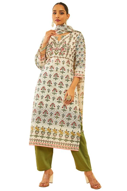 Soch Womens Cream Cotton Blend Floral Print With Embroidered Suit Set