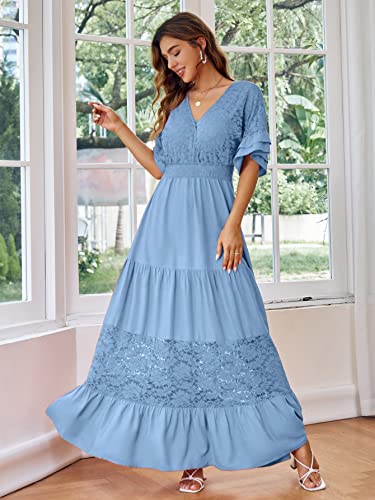 Simplee Women V Neck Formal Lace Maxi Dress Ruffle Flowy Short Sleeve Boho Wedding Guest Party Summer Long Dress, Lace_blue, Medium