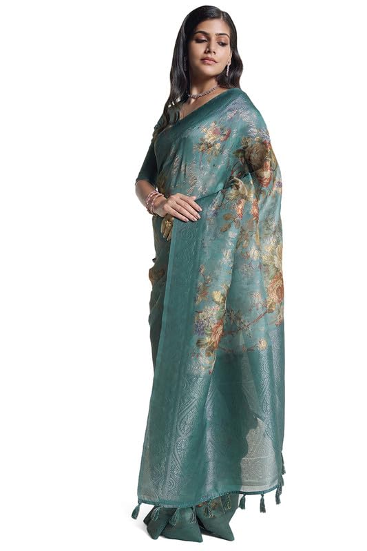 Soch Womens Teal Chanderi Floral Print Saree With Tassels