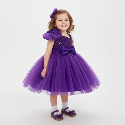 KIYOL Girls One Shoulder Sequin Satin Tulle Party Dress with Large Bow ? Elegant Purple Princess Gown for Birthday, Wedding & Special Occasions -Purple Barbet 2-3Y