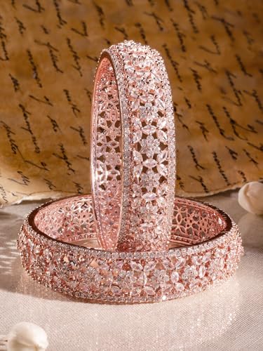 Rubans Womens Set of 2 Rose Gold Plated Zirconia Stone Studded Bangles