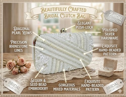 DUCHESS White Pearl Embellished Clutch for Women | Sequin & Beaded Party Purse | Elegant Wedding Handbag for Girls | Stylish Bridal Accessory | Designer Evening Bag for Festive Occasions