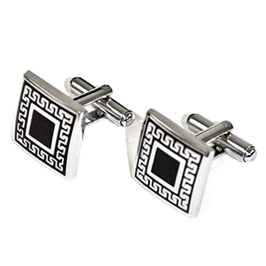 Peora Black Square Shield Silvery Tone Premium Cufflinks for Men Business Corporate Wedding Gift