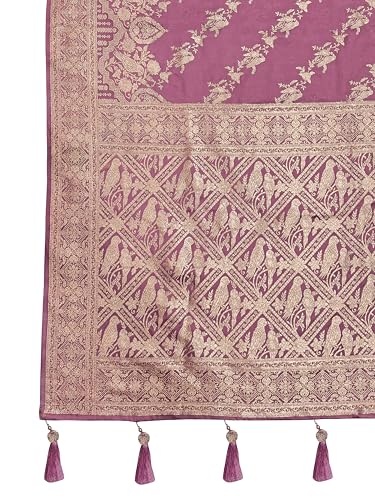 MANOHARI Women's Most Trendy Banarasi Satin Silk Woven Rose Pink Saree With Heavy Jacquard Work Saree With Blouse Piece_MN2026