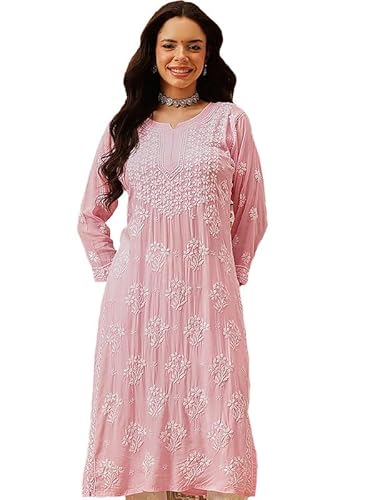 Ada Hand Embroidered Lucknowi Chikankari Straight Modal Kurta Kurti for Women A411801 Pink (4XL)