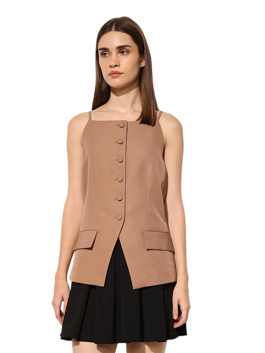 ONLY Women's Solid Regular Fit Light Brown Top