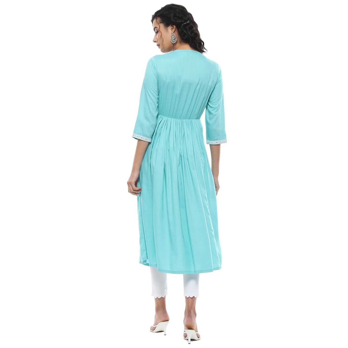 Rangriti Women Viscose Embroidred Tiered Dress Ankle Length Casual SUMMERHUES19077SS24CYNBLU_Blue