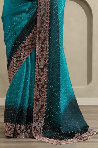 Soch Womens Turquoise Blue Fendy Organza Ombre Stone Embellished Saree