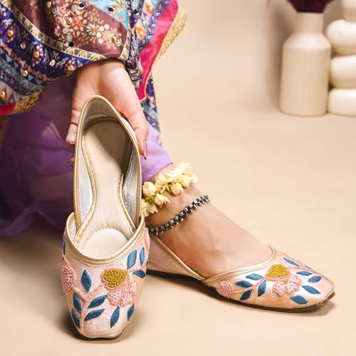 Froh Feet Ethnic Jutti for Women Traditional Handmade Fulkari Jutti Slip-On Shoes Bellies for Women Wedding party Festival Occasion - Peach