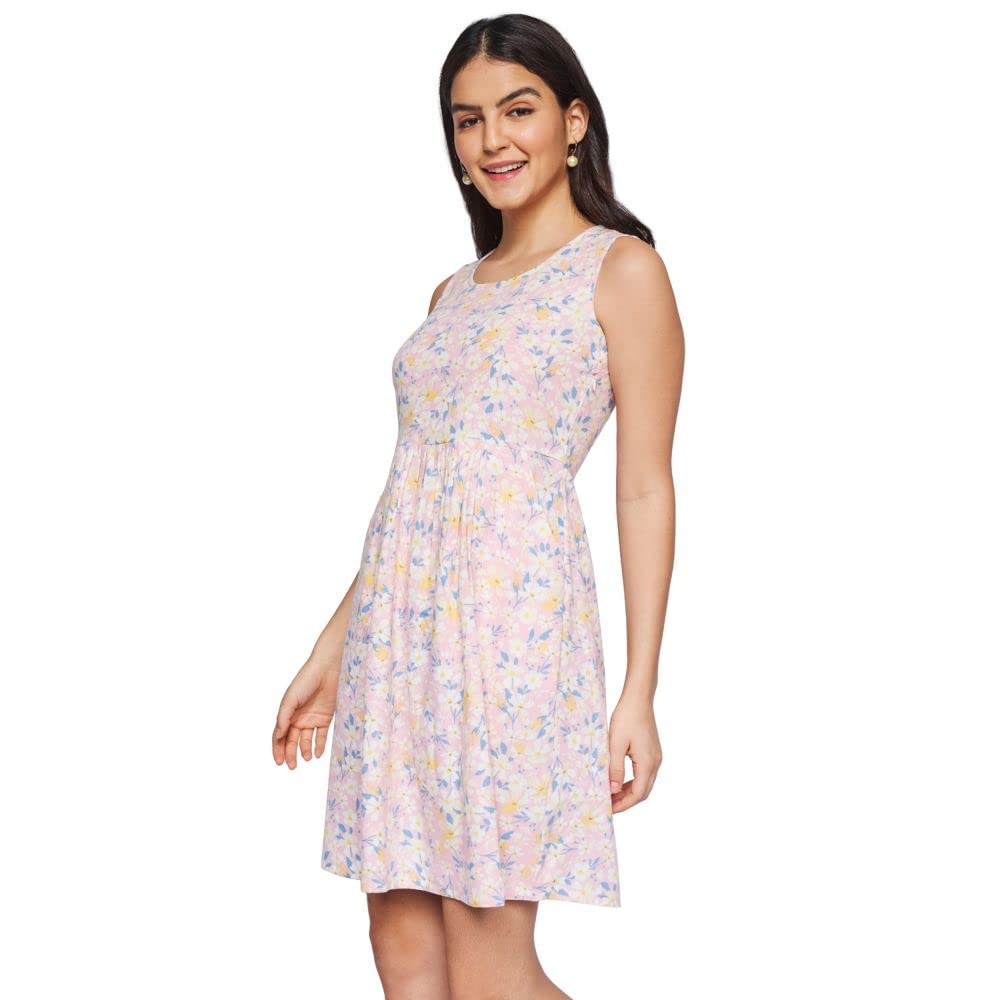 AND Women's Linen A-Line Mini Dress (SS22AG076DR23D_Pink_10)