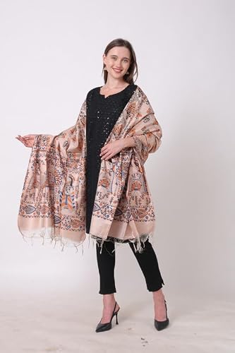 DESI PALETTE Stylish Hand Block Madhubani Printed Tussar Muga Silk Dupatta for Womens & Girls | Lightweight & Comfotable Traditional Dupatta (Golden Blue Orange_2.4 Meters)