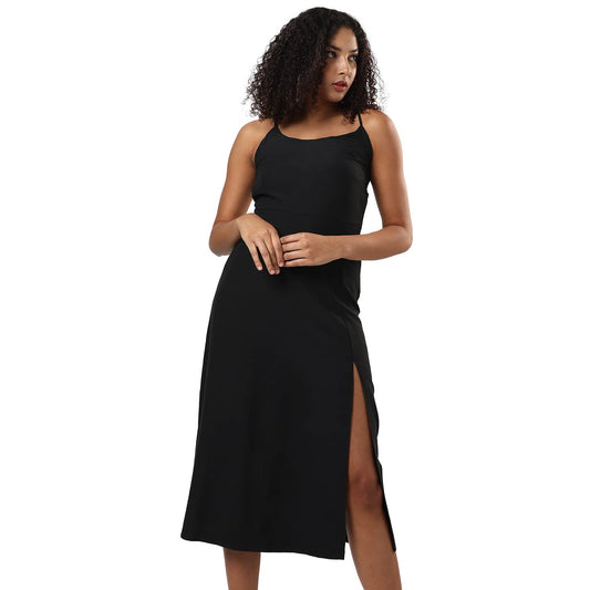 Campus Sutra Women's Solid Black Sleeveless Midi Length Regular Fit Dress for Casual Wear | Round Neck Dress Crafted with Comfort Fit and High Performance for Everyday Wear