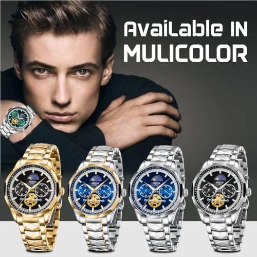 NIBOSI Chronograph Fly Wheel Watch For Men Analog Quartz Dress Diamond Business Stainless Steel Watches Date Luxury Men's Wristwatch|Birthday Gift For Men|Gift For Husband,Brother (Silver-Green)