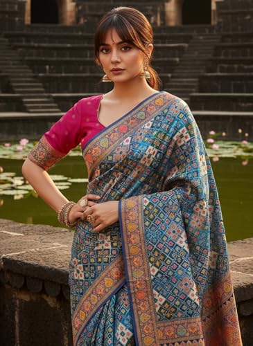 Glory Sarees Women’s Luxurious Dola Pure Silk Original Saree Position Print Work Bandhani Patola Inspired Motifs Banarasi Kanjivaram Style Saree With Blouse Piece(Elegant108_Blue)