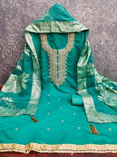Leeli Peeri Designer Women's Roman Silk Embroidery Work Unstitched Salwar Suit Dress Material