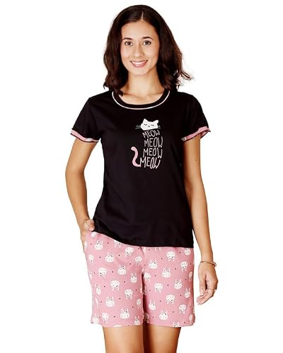 BODYCARE Women's Cotton Printed T-Shirt and Shorts Set | Soft & Breathable Nightwear | Short Sleeves | Loungewear Co-Ord Set | BSSS17019_100 Multicolour