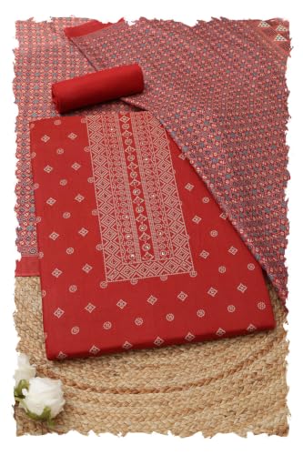 Soch Womens Rust Cotton Bandhani Dress Material