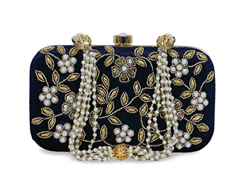DUCHESS Women's Velvet Zari Zirkon Box Clutch Purse (Navy Blue)