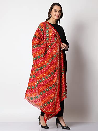 SWI WITH LABEL Women's Embroidered Phulkari Chiffon Dupatta(SFD55_Multicolored)